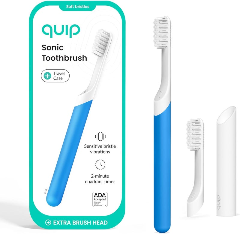 quip Sonic Toothbrush for Adults with Timer - Includes Extra Brush Head and Travel Cover Mount - Electric, Soft Bristle Refill Head, Plastic Handle, 3 Month Battery Life - Travel Toothbrush - Blue - Image 1